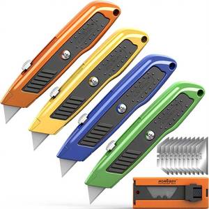 lot 20330 image: HORUSDY 4-Pack Box Cutter Utility Knife, Heavy Duty Aluminum Shell Retractable Box Cutter for Cardboard, Boxes and Cartons, Extra 10 Blades