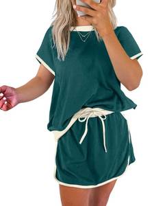 lot 20352 image: SELINK Lounge Sets for Women 2 Piece Skirt Colorblock Drop Shoulder T Shirt and Skort Set Summer Tracksuits Green-M