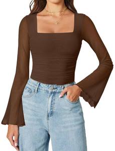 lot 20375 image: Avidlove Bodysuits for Women Long Bell Sleeve Mesh Square Neck Body Suits Going Out Tops Ruched Bodysuit Club Country Concert Fall Outfits Western Date Night Outfit Brown XL