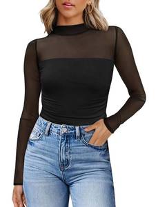 lot 20377 image: WIHOLL Sexy Mesh Old Money Clothes for Women Plus Size Long Sleeve Ruched Sheer Shirts Turtle Neck Going Out Lace Tops Black L