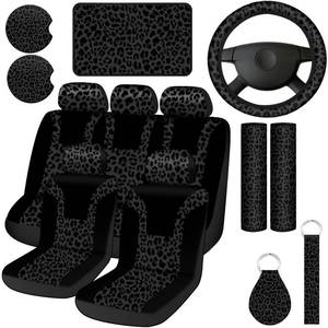 lot 20401 image: Frienda 13 Pcs Leopard Print Car Accessories Set, Includes Seat Covers Set Leopard Steering Wheel Cover Mats Armrest Pad Cover Seat Belt Pads Keychain and Wrist Strap for Car Decor (Black)