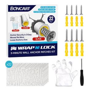 lot 20404 image: WRAPNLOCK Drywall Anchor Repair Kit - Fast Loose Anchor Fix (No FillRedrill) - 22 Patches  ScrewsAnchorsScrewdriverGloves, Works for Home Fittings