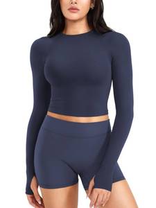 lot 20409 image: YEOREO Ease Women Workout Gym Tops Basic Long Sleeve Shirt Slim Fitted Casual Stretchy Thin Active Running Yoga Crop Top Navy M