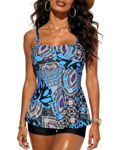 lot 20413 image: Century Star Womens Tummy Control Tankini Swimsuits,Chest Ruched Two Piece Tankini Bathing Suit Tops Boyshorts Swimwear Blue Printing 10-12