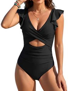 lot 20414 image: B2prity Womens One Piece Swimsuit Ruffle Cutout Bathing Suits Slimming Tummy Control V Neck Wrap Swimwear Black Large