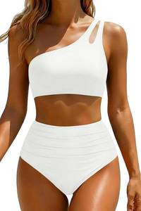 lot 20420 image: Yonique Women High Waisted Bikini - One Shoulder Bathing Suit Tummy Control Two Piece Swimsuit 2025 White Medium