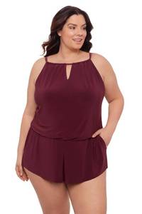 lot 20422 image: Aqua Green Womens Keyhole Blouson Slimming Swim Romper with Pocket, Currant, X-Large