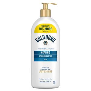 lot 20429 image: Gold Bond Healing Hydrating Body Lotion with Aloe, Moisturizer for Dry to Extra Dry Skin, 24-HR Hydration to Soothe & Comfort, Non-Greasy, Dermatologist-Tested, Light Scent, 24 Oz Family Size Pump