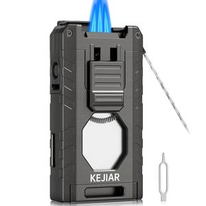 lot 20440 image: KEJIAR Cigar Lighter, Cigar Torch Lighter, 3 Jet Flame Butane Lighter, Built-in Punch, Draw Enhancer and Serrated Cutter, All-in-One Cigar Accessories for Men Gift (Grey)