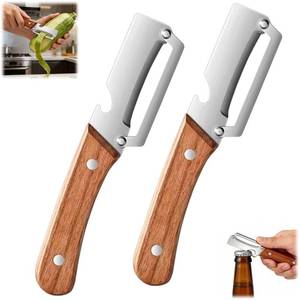 lot 20464 image: 2PCS Multi Functional Premium Vegetable Peeler with Wooden Handle and Bottle Opener,Stainless Steel Blade Kitchen Tool for Fruit Apple Potato Pumpkin Papaya Carrot