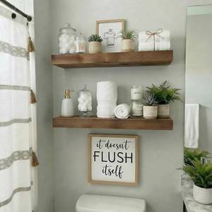 lot 1025 image: BBE Floating Shelves for Room Wall Rustic Walnut Wooden Bathroom Wall-Mounted Shelf Over Toilet Decor 16 Inch Storage Wood Shelves for Living Room, Bedroom, Kitchen Farmhouse 16D x 6.7W Set of 2