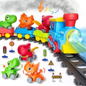 lot 1056 image: Train Set for Toddlers wSteam, Music & Lights - Electric Train Toys for Kids wTracks Accessories, Including 3 Dinosaur Car and 3 Trailer Gifts for 1-3 4 5 6 Years Old Boys Girls