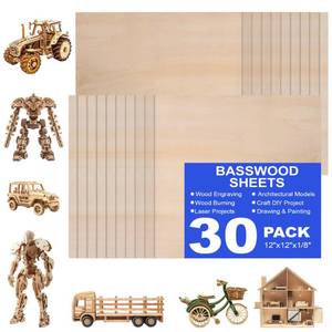 lot 1067 image: 30 Pack 12x12x18 Basswood Sheets for Crafts,3mm Craft Wood Plywood,Unfinished Wood,for DIY Ornaments and Model Engraving,Wood for Laser Cutting,Architectural Models,Drawing,Wood Burning