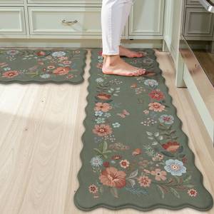 lot 1982 image: Collive Anti Fatigue Kitchen Mats, Scalloped Green Floral Kitchen Rugs Set of 2 Non Slip Waterproof Standing Mat, Memory Foam Comfort Desk Rug for Office, Sink, Laundry, 17.3x2917.3x47
