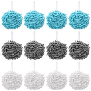 lot 2058 image: kenaeooe 12 Pack Chenille Hand Towel Fuzzy Ball Hand Towel Set Soft Absorbent Hands Drying Puff with Hanging Loop for Bathroom Kitchen Decor, 3 Colors