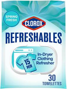 lot 2064 image: Clorox Refreshables In Dryer Clothing Refresher, Spring Fresh, 30 Towelettes