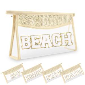lot 2381 image: Small Boho Straw Clear Beach Makeup Bags for Women&Girls, Zipper Cosmetic Bag Chenille Varsity Letter Patch Bag, Preppy Cute Toiletry Pouch, Trendy Organizer Storage Bag for Beach Travel Essentials