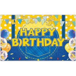 lot 2403 image: Fabric 72x43inch Yellow Jeans Cartoon Happy Birthday Backdrop Banana Balloon Flag Boy Party Decorations Kids Supplies Photo Booth Props Cake Table Banner