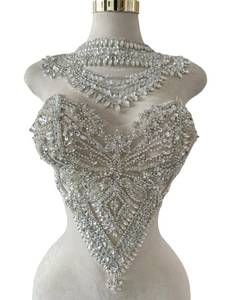lot 2411 image: wtbv.n Handmade Rhinestones Applique sew on lace Crystal Sequins Trim Patches Accessories for Dress Clothing Neckline and Chest Decorative Material 2PCSSet (Silver)