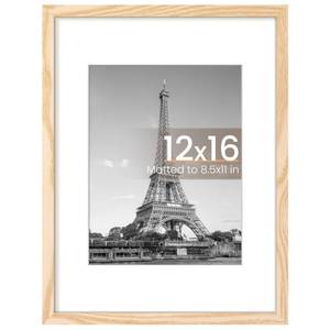 lot 2420 image: upsimples 12x16 Picture Frame, Display Pictures 8.5x11 with Mat or 12 x 16 Without, Wall Hanging Poster Frames, Natural Style, 1 Pack