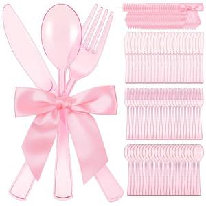 lot 2432 image: Minatee 25 Sets Pink Plastic Cutlery Set with Twist Tie Bows, Heavy Duty Tableware Disposable Pink Forks Knives and Spoons Silverware Utensils Set for Coquette Birthday Party Table Setting Picnics