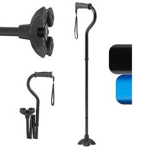 lot 2439 image: Medline Offset Folding Cane, 4-Point Base with Cushioned Gel Handle, Supports up to 350 lbs, Black