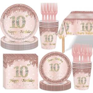 lot 2444 image: 121Pcs 10th Birthday Party Supplies Plates Napkins Cups Forks Tablecloth Rose Gold Happy 10th Birthday Themed Disposable Tableware Decorations Serves 24 Guests for Girls 10 Years Old Birthday