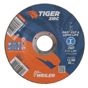 lot 2457 image: Weiler 58020 4-12 Inch Cutting Wheel, Tiger Zirc SteelMetal Fast Cut & Long Life High Performance Cutting, .045 Z60T Type 27 78 Arbor, Pack of 25