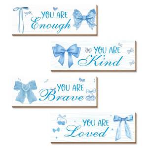 lot 2466 image: 4 Pcs Blue Coquete Bow Room Decor, Teen Girls Trendy Preppy Wall Art Aesthetic for Bedroom Bathroom Decor, Inspirational Positive Affirmations