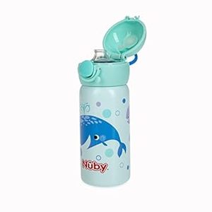 lot 2491 image: Nuby Thirsty Kids No Spill Flip-It Active Stainless Steel Travel Cup, 14 Oz, Whale (B0B3JV521M)