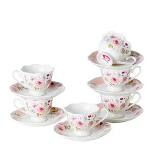 lot 3605 image: PRECITIME Porcelain 2.5oz Demitasse Set of 6 (12-Piece) - 75ml Mini Espresso Cups & Saucers with Romantic Pink Floral Pattern, Dishwasher & Microwave Safe