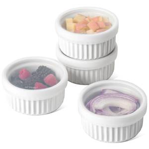 lot 3608 image: LE TAUCI Ramekins with Silicone Lids, 8 OZ Ceramic Souffl� Dishes, Ramekin Bowls for Cr�me Br�l�e, Dessert, Dips, Oven & Microwave Safe, Set of 4, White ONE IS MISSING