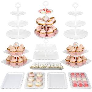 lot 4295 image: Pack of 11 NWK Cake Stand Set, with 3 x Two-Tier and 3 x Three-Tier Cupcake Stands, 4 x Appetizer Trays, 1 x Tablecloth for Birthday Bridal Baby Shower Party (White)