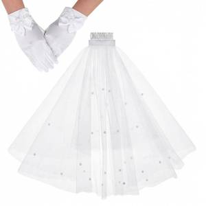 lot 4311 image: HaiFafafaing Girls First Communion Veil And Gloves Set, White First Communion Veil And 1 Pair Gloves For Kids Wedding Church Baptism, 8-12 Years, Elegant Formal
