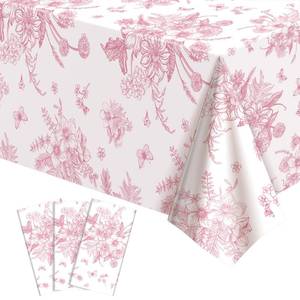 lot 4371 image: 3 Pcs Pink Floral Plastic Tablecloths, 54 X 108Inch Tea Party Tablecloth Disposable Wedding Table Cloth Pink and White Porcelain Tables Decor for Garden Wedding Tea Party Birthday Baby Bridal Shower