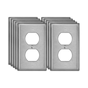 lot 4390 image: BESTTEN 10 Pack Duplex Receptacle Metal Wall Plate with Protective Film, 1 Gang Standard Industrial Stainless Steel Outlet Cover, Durable Corrosion Resistant, Brushed Finish, Silver