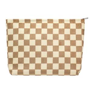 lot 4403 image: PAZIMIIK Makeup Bag Large Zipper Corduroy Make Up Pouch for Purse Travel Canvas Cosmetic Organizer for Women Brush Storage,Checkered Light Brown