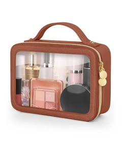 lot 4409 image: Soimeat Clear Makeup Bag, Portable Travel Cosmetic Bags, Multipurpose Leather Toiletry Bag with Zipper, Waterproof Transparent Cosmetic Organizer for Women, Medium, Brown