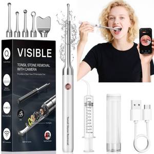 lot 4414 image: Tonsil Stone Remover with Camera - Upgraded Visual Tonsil Stone Removal Kit with 6 LED Light -Tonsil Stone Remover Tool with 1080P Camera, 5 Stainless Steel Heads, Irrigator, for iOS & Android(White)