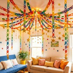lot 4440 image: Maitys 500 Sheets Paper Chain Strips and Mirror Star Garland 13 Feet Paper Crafts Banner with Double Sided Tape for Crafting Birthday Wedding Festival Theme Party Decor(0.79 x 8.27 Inches,Multicolor)