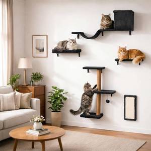 lot 5667 image: 5-in-1 Cat Wall Shelves for Indoor Cats, Wall Mounted Cat Furniture with Bed, Cave, Scratching Post & Perch, Multi-Level Cat Climbing Wall, Space Saving Floating Cat Shelves (Natural Wood Darkgrey)
