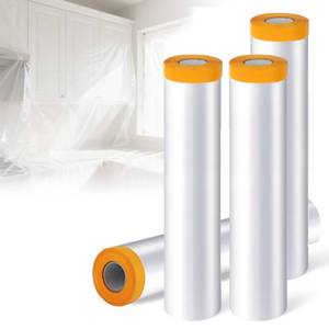 lot 5669 image: Estleys 4 Rolls 8.9 x 65.6 Feet Pre-Taped Masking Film, Tape and Drape Drop Cloth, Plastic Sheeting Drop Cloth for Painting, Automotive Covering and Appliance Protection (8.9 x 65.6 Feet)