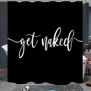 lot 5675 image: Eleroye Shower Curtain Funny Cute Get Naked White Words Black Background Simple Design Machine Washable Fabric Bathroom Decor Set with Hook Bath Curtain 72 x 72 inches