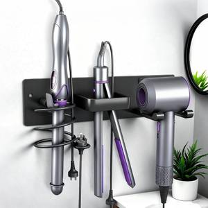 lot 5677 image: Dovyn Blow Dryer Holder Wall Mount, 3 in 1 Bathroom Hair Tool Organizer with Curling Iron Holder & Flat Iron Holder, Universal Hair Dryer Holder Rack Storage Matte Black