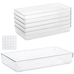 lot 5679 image: Ohlove 6Pcs Clear Plastic Drawer Organizers Tray 12 x 6.2 Storage Bins with 25Pcs Non-Slip Pads for Makeup, Jewelries, Kitchen Utensils, Bathroom and Office