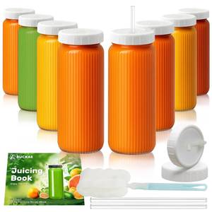 lot 5685 image: Ruckae 16oz Juice Bottles,Ribbed Glass Juicing Bottles with Lids,Smoothie Cup Lids and Straws,Water Bottle Mason Jar Drinking Glasses for Juicing,Smoothies,Kombucha (Clear-8 pack)