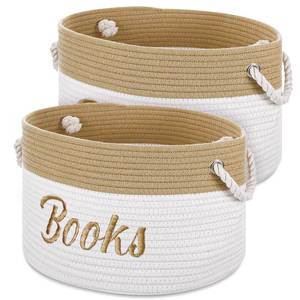 lot 5690 image: Blushtier 2 Pack Baby Book Baskets for Nursery Embroidered Book Storage Bins 15 x 11 x 9 Inches Woven Cotton Rope Baskets for Book Toy Organizer Storage Room Classroom