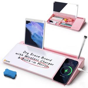 lot 5700 image: SELEAD Desktop Glass Whiteboard with Wireless Charger Station and Mirror, Desk Dry Erase Board Computer Pad Keyboard Stand with Organizer for Home, School, Office Accessories for Women, Pink