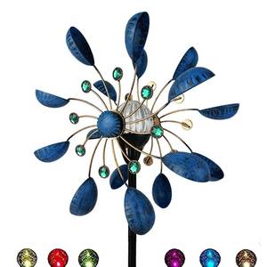 lot 5709 image: NUENUN Wind Spinner Outdoor Metal - Multi-Color Seasonal LED Lighting Solar Powered Glass Ball with Kinetic Wind Spinner Dual Direction for Patio Lawn & Garden (Blue with Light)