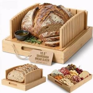 lot 5717 image: Bamboo Bread Slicer for Homemade Bread - Sturdy Bread Cutting Guide with Crumb Catcher Tray & Serving Board - Bread Cutter Machine for Loaf, Sandwich, Baking